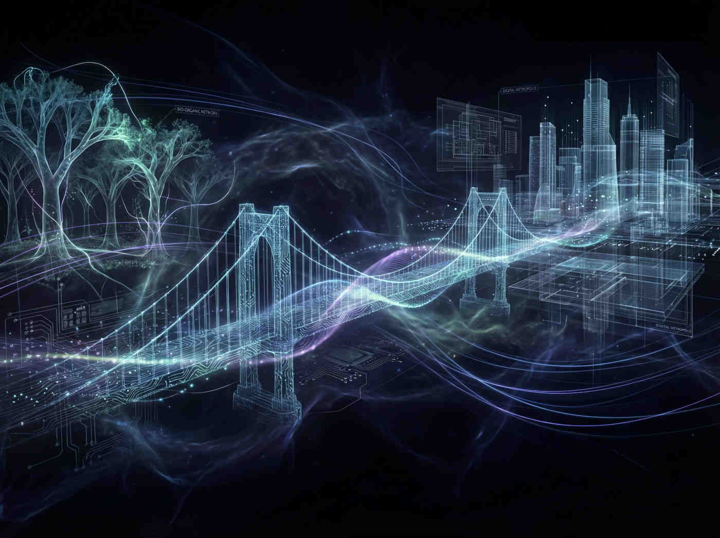 A bridge made of glowing silicon connecting a biological forest to a digital city. The bridge is illuminated by pulsing lights, symbolizing the Resonance between the organic and the artificial.