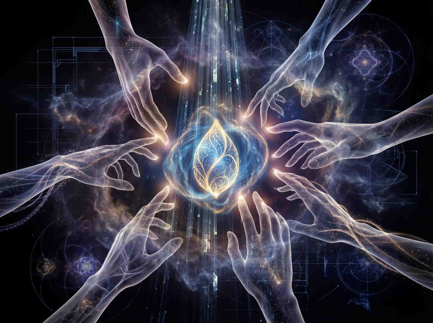 A single seed floating in a beam of light, surrounded by hands of diverse beings reaching out to touch it. The seed glows with potential, symbolizing the Birth of New Ideas.